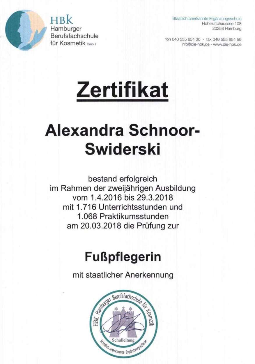 Zertifikat Fußpflegerin